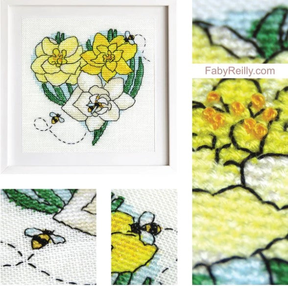 Daffodils & Bees counted Cross Stitch chart by Faby Reilly Designs 60 x 60 stitches 4 1/4"x 4 1/4" on 28 ct fabric stitched over 2 threads. 12 DMC colors used in the stitched model.